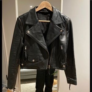 Crop Moto Leather Jacket with Removable Sleeves